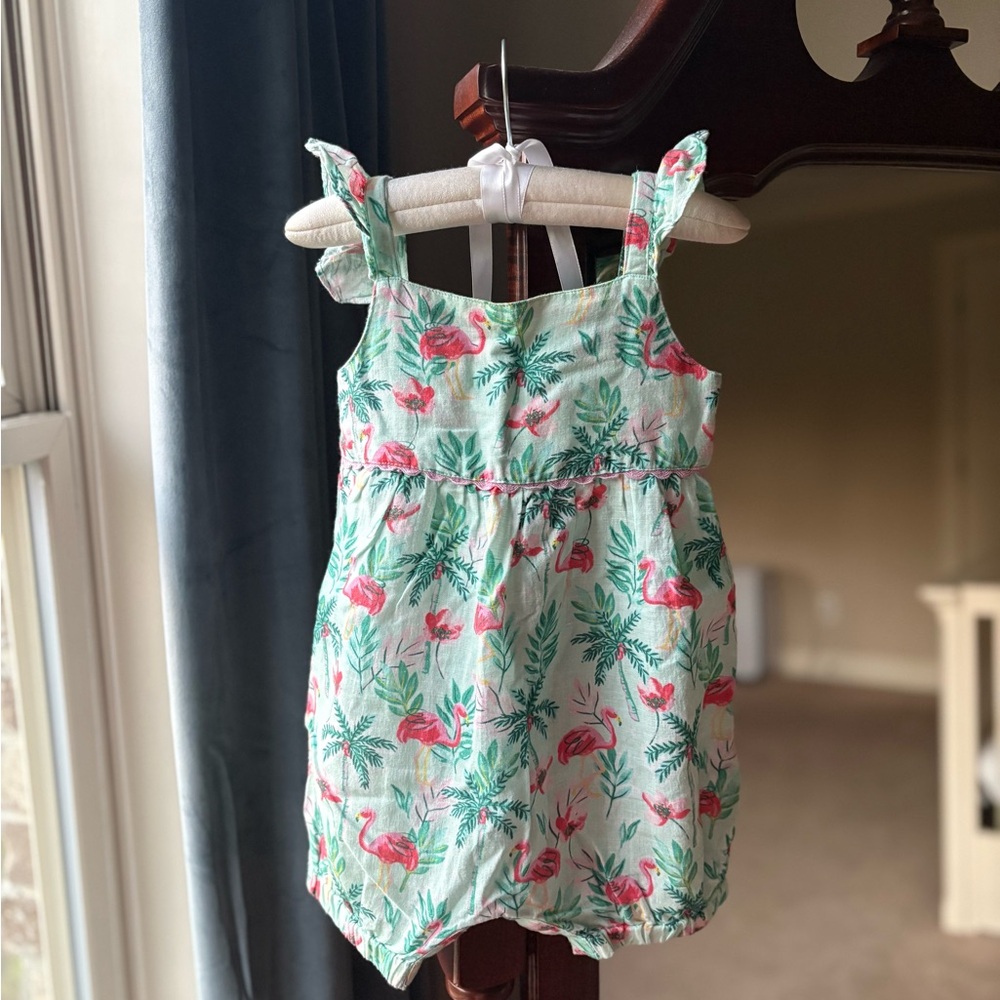 EUC MONSOON Flamingo Romper, size 12-18 months